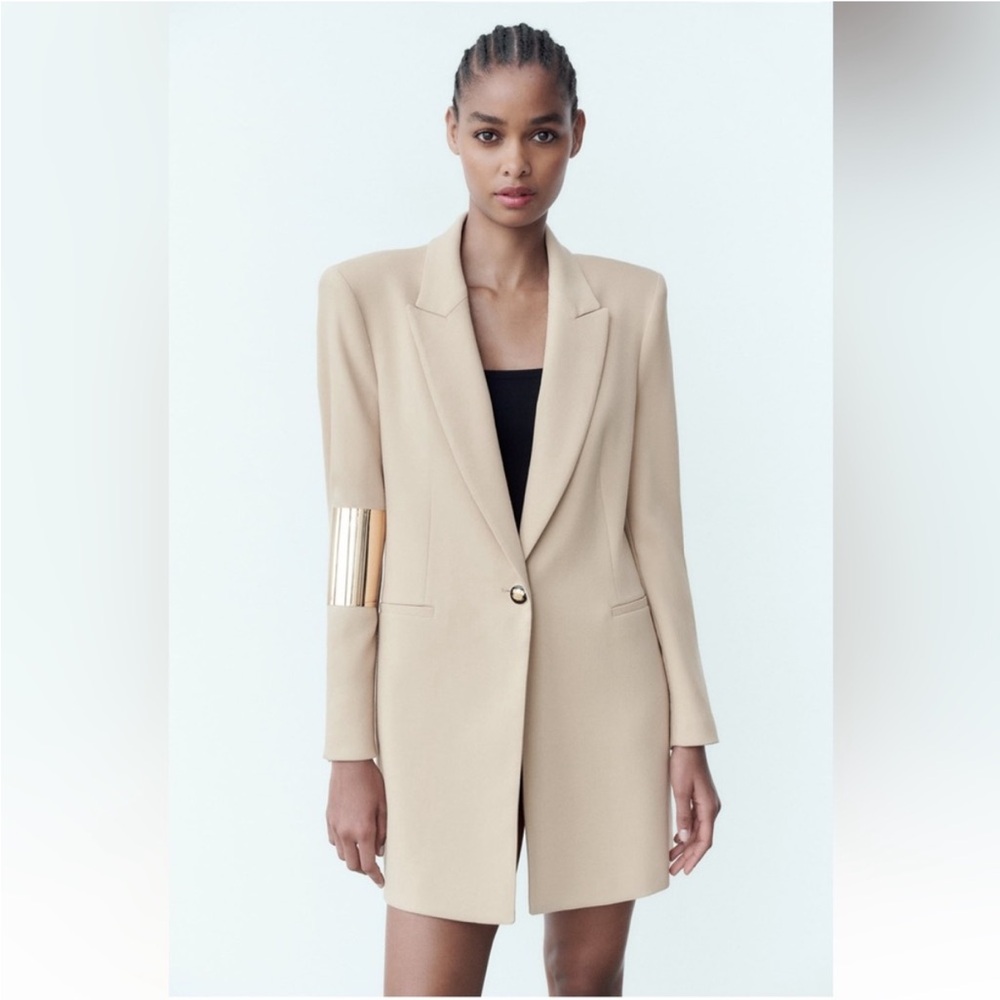 Zara Long Blazer with Single Gold Button Women’s Size Small Tan Beige - Picture 10 of 10
